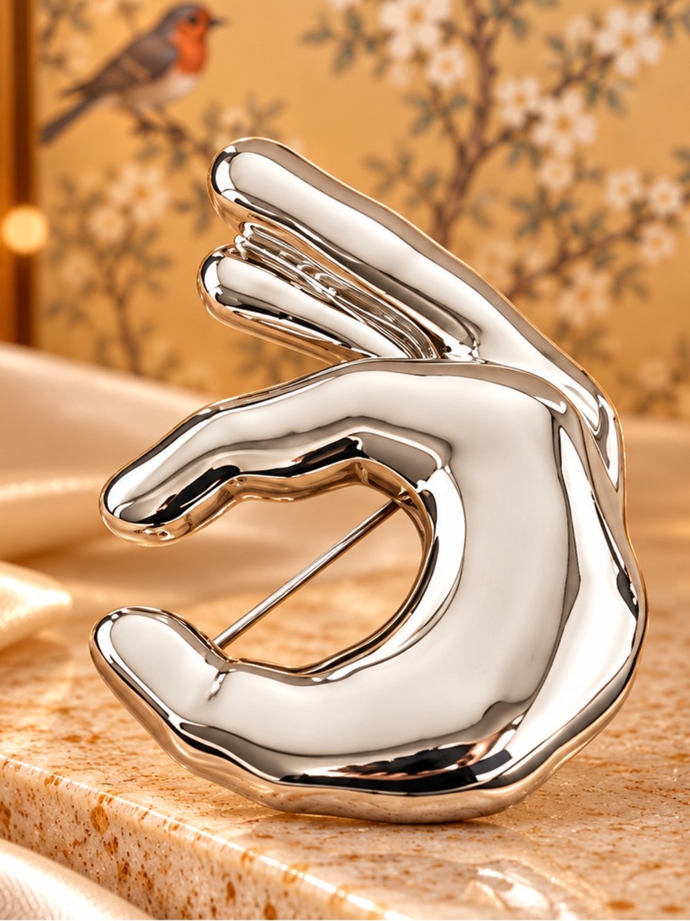 Modern Silver Hand Brooch | Abstract Statement Pin | Artistic Lapel Brooc
